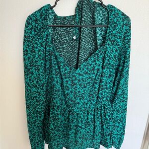 Ava & Viv Teal Floral Blouse Peasant Baby Doll Style Tie Career Wear Business 1X